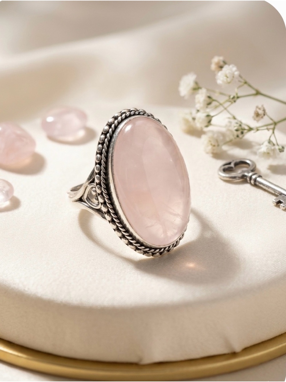 Rose Quartz Statement Ring | Sterling Silver Overlay | Boho Vintage Style Size 9 - Picture 3 of 5
